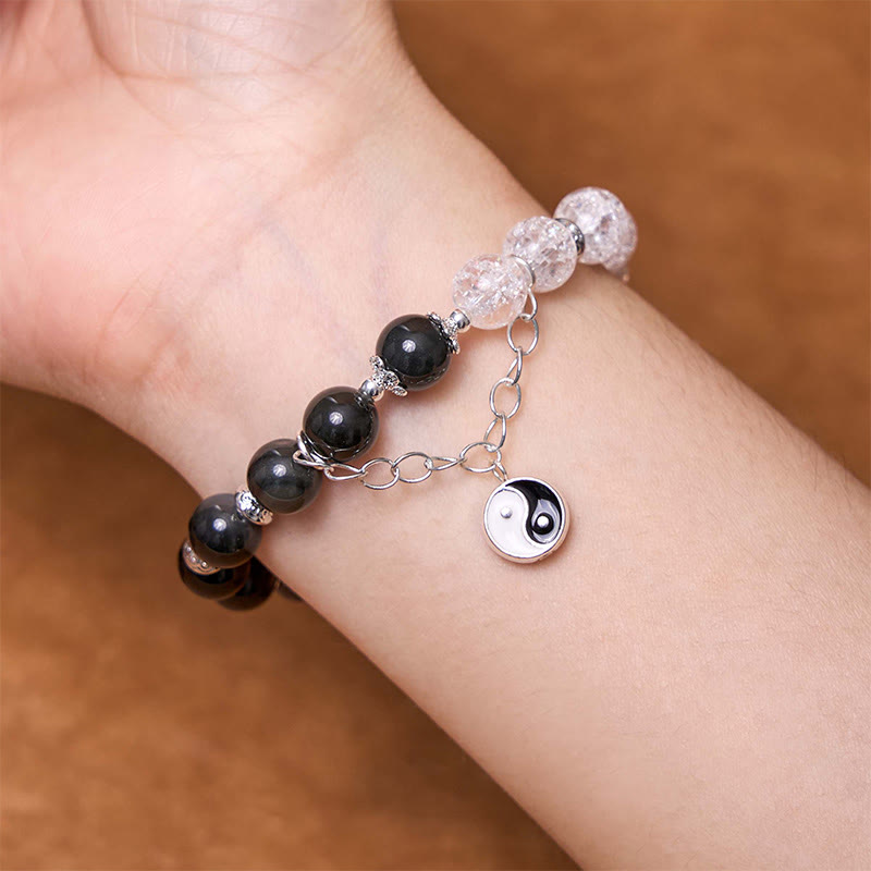 Silver Sheen Obsidian Protection Bracelet with Yin Yang Lotus Charm