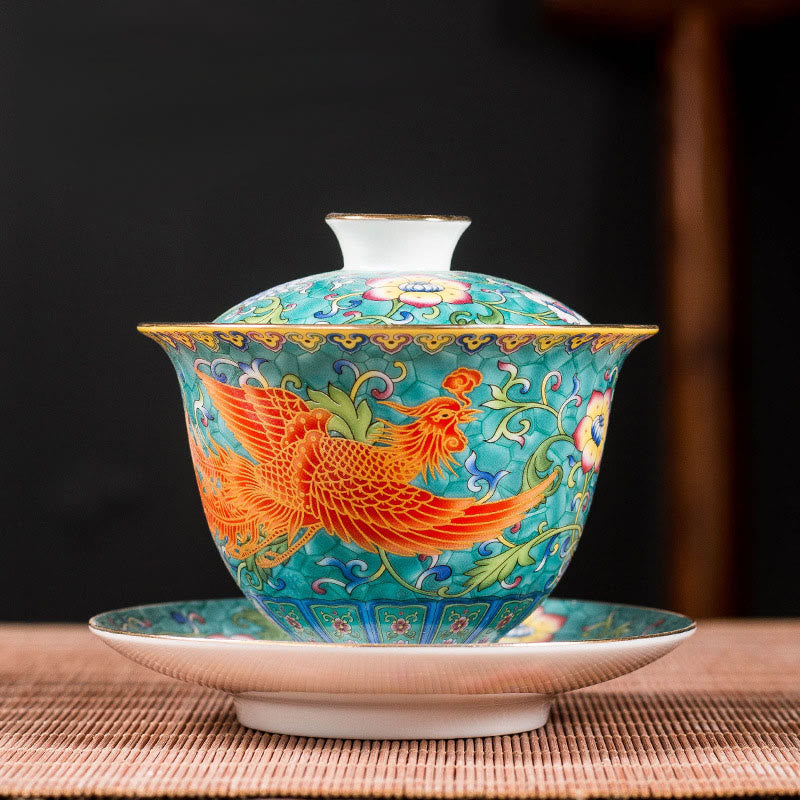 Ceramic Gaiwan Dragon Phoenix Tea Cup 160ml with Lid