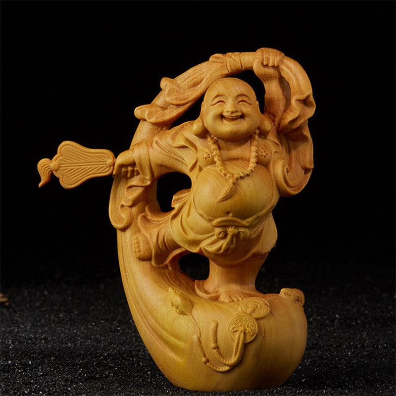 Boxwood Laughing Buddha Statue for Prosperity & Serenity
