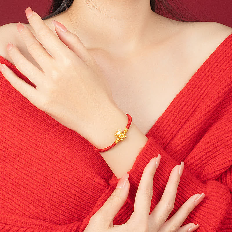 999 Sterling Silver Dragon Bracelet with Red String for Luck