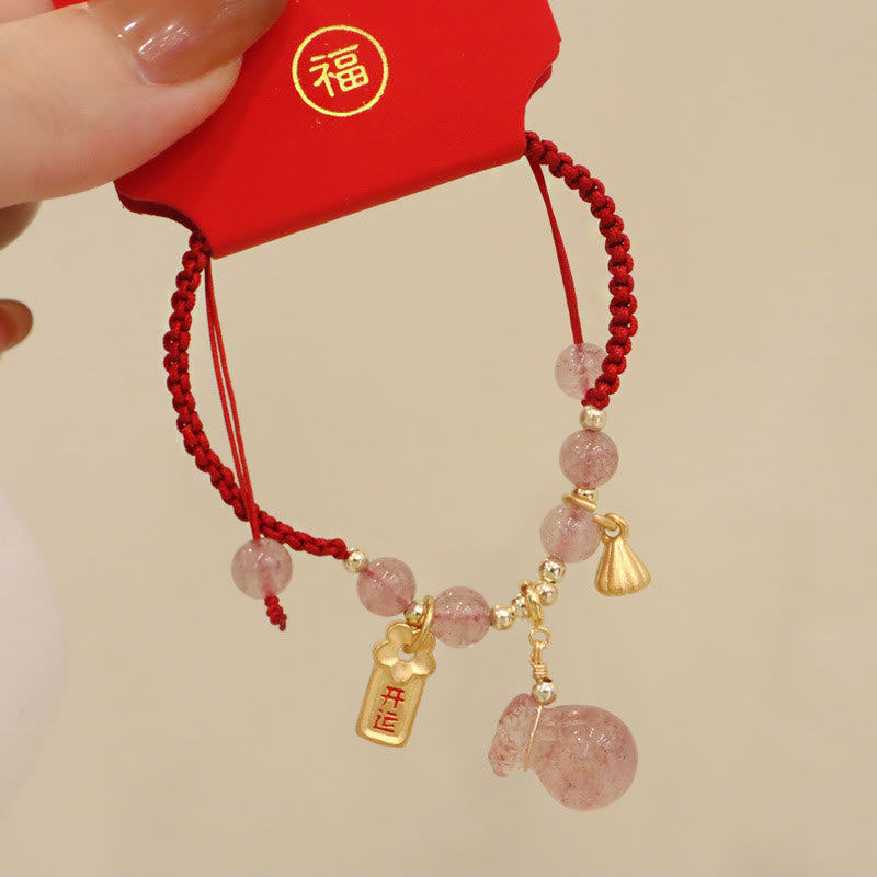 Strawberry Quartz Love Healing Bracelet with Lotus & Red String