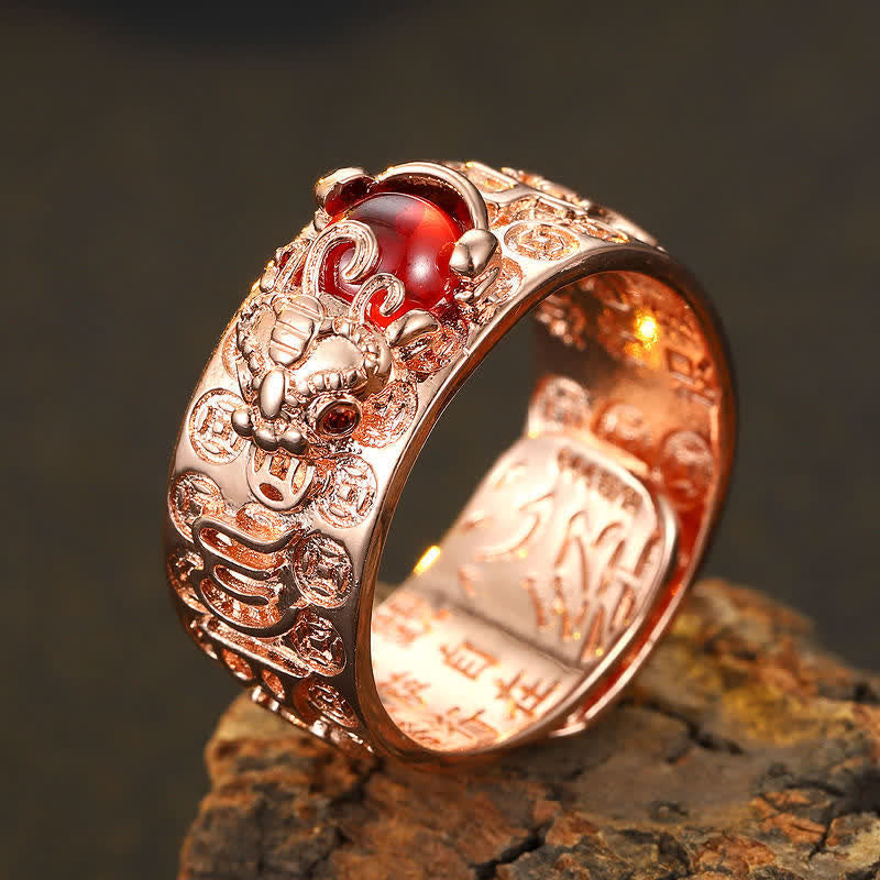 Unisex 10mm Garnet PiXiu Wealth Ring in Silver & Gold