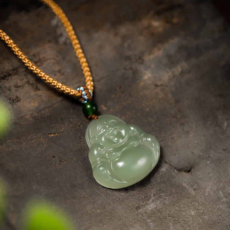 Laughing Buddha Jade Lotus Prosperity String Necklace