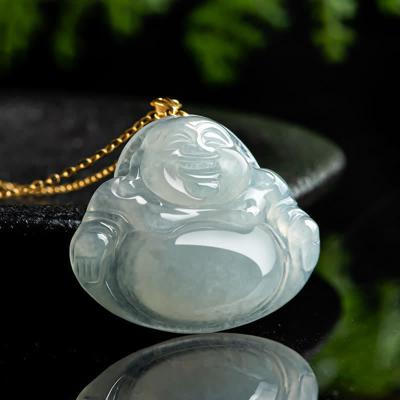 Collier pendentif Bouddha rieur en jade, or 18 carats, pour l'abondance