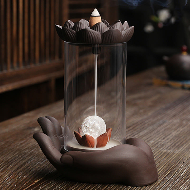 Brûleur d'encens à LED en argile violette, main de Bouddha, lotus, illumination