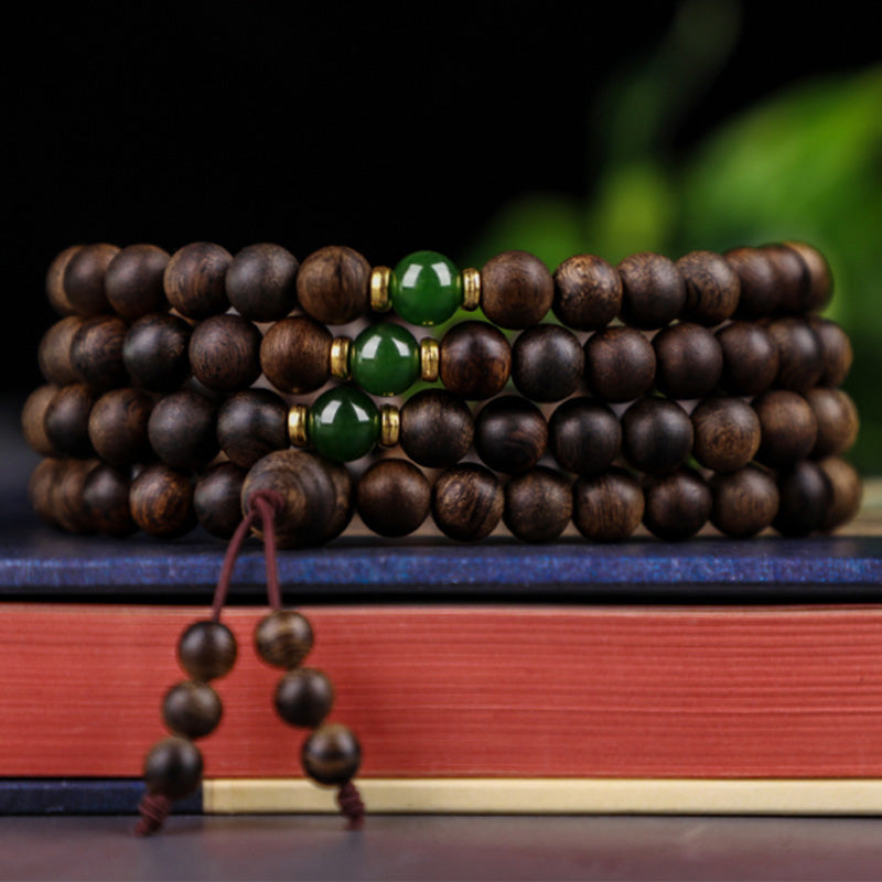 108 Beads Agarwood Cyan Jade Wood Mala Bracelet for Protection