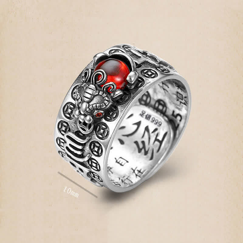 Unisex 10mm Garnet PiXiu Wealth Ring in Silver & Gold