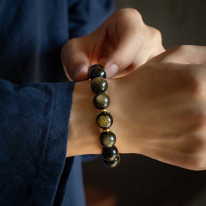 Bracelet de protection du zodiaque chinois en obsidienne dorée brillante 12 mm