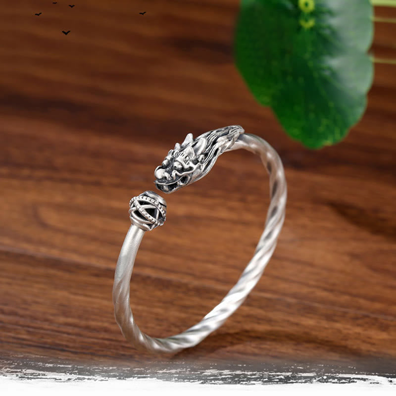 999 Sterling Silver Dragon Luck Strength Cuff Bracelet