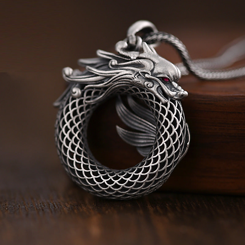 999 Sterling Silver Dragon Necklace with Peace Buckle for Auspicious Success