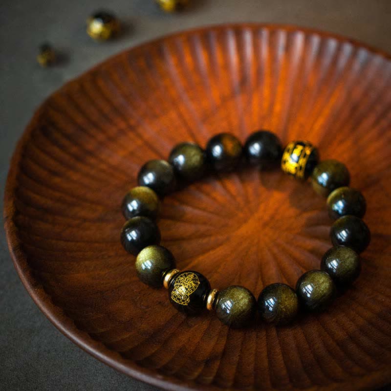 Bracelet de protection du zodiaque chinois en obsidienne dorée brillante 12 mm