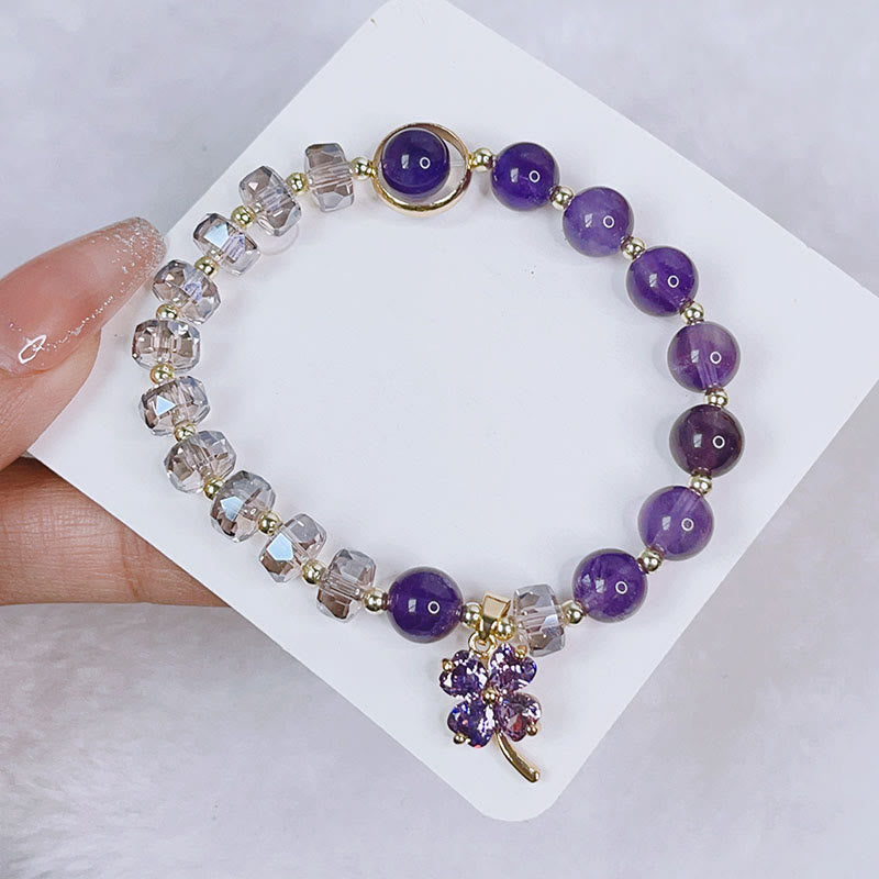 Amethyst Crystal Bracelet with Four Leaf Clover for Healing