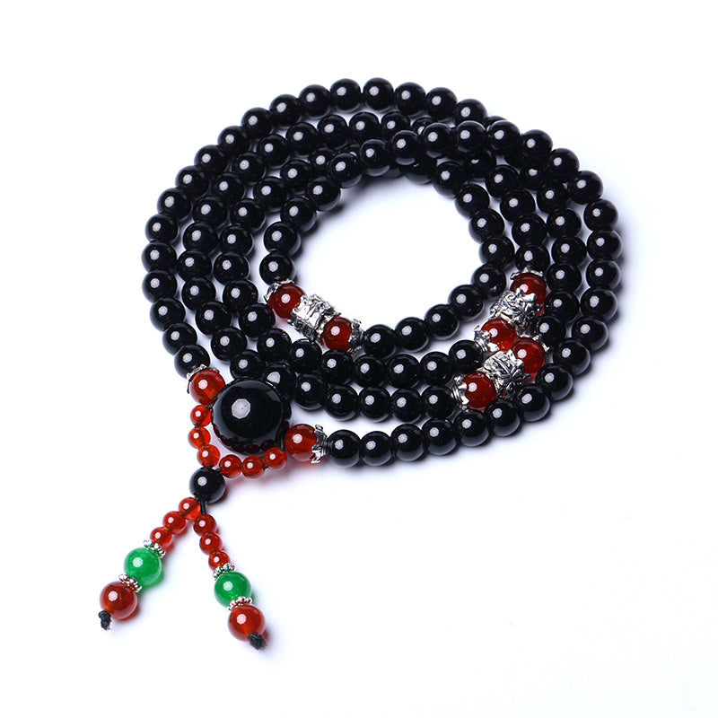 6mm Black Obsidian & Tiger Eye Mala Bracelet for Protection
