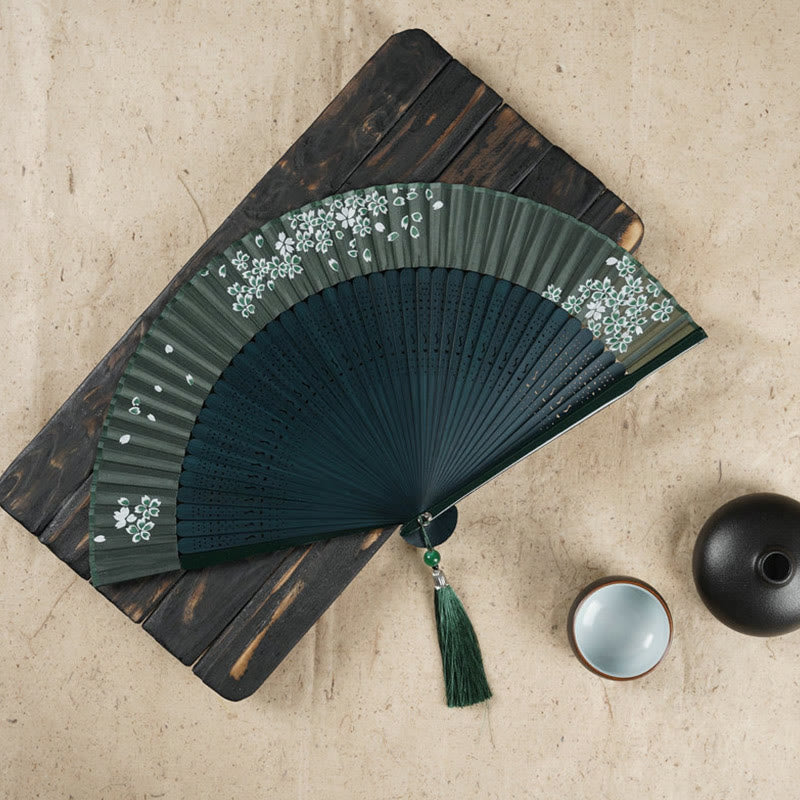 22cm Bamboo Folding Fan with Cherry Blossom Engraving