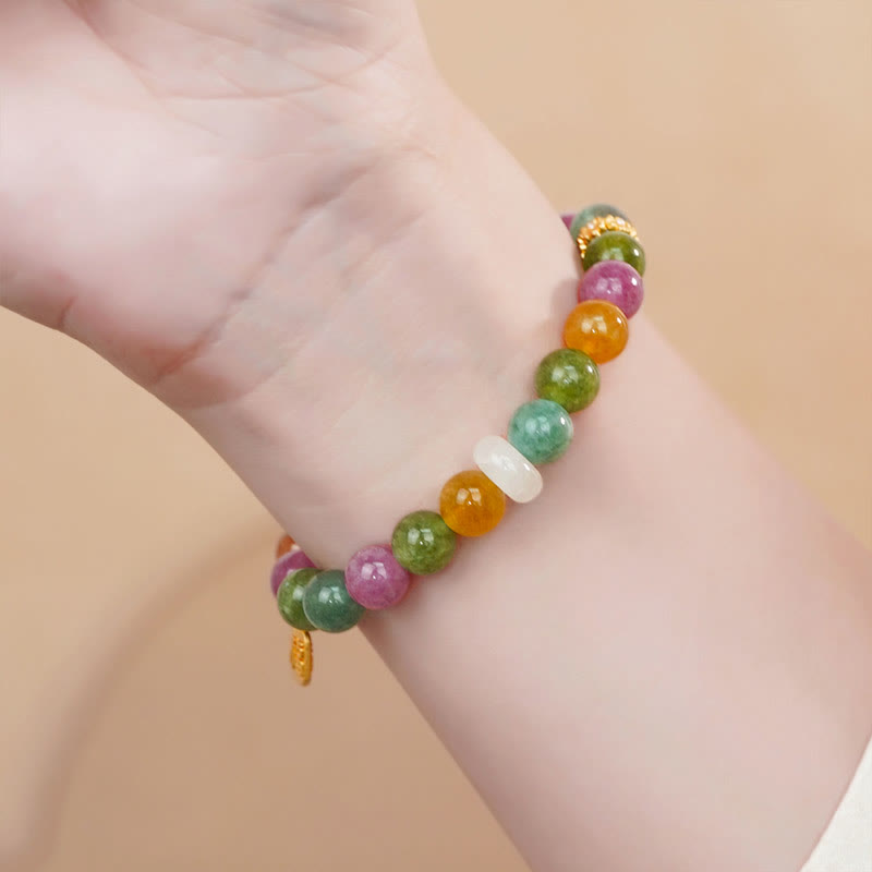 8mm Colorful Tourmaline Chalcedony Fu Charm Bracelet