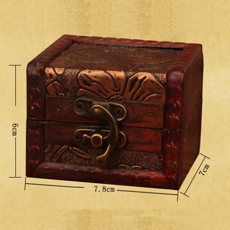 Retro Small Square Wood Jewelry Box with Lotus Design