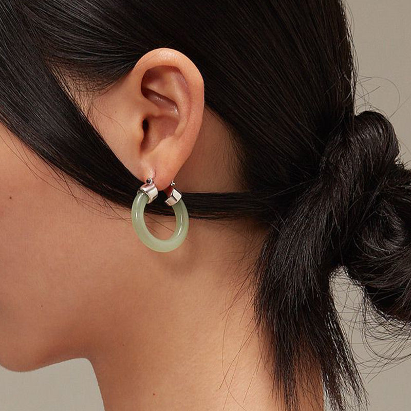 Round White Jade Prosperity Earrings with Silver and Gold Options