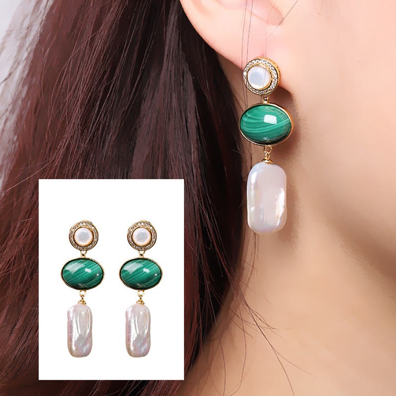 925 Sterling Silver Malachite Baroque Pearl Healing Wisdom Drop Earrings