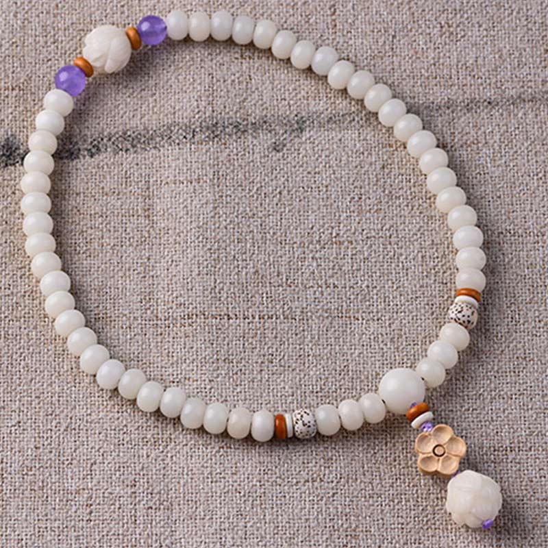 Bracelet Lotus unisexe avec jade blanc, graines de Bodhi et bénédictions