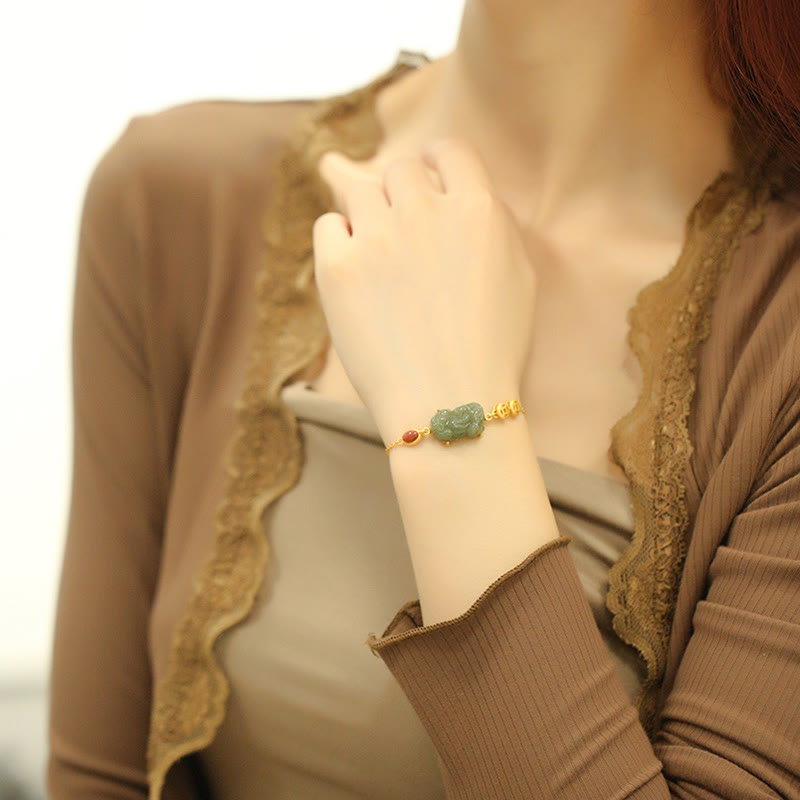 Pixiu Bracelet with Cyan Jade & Red Agate for Success