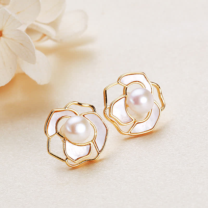 925 Sterling Silver Pearl Camellia Pattern Happiness Necklace & Earrings