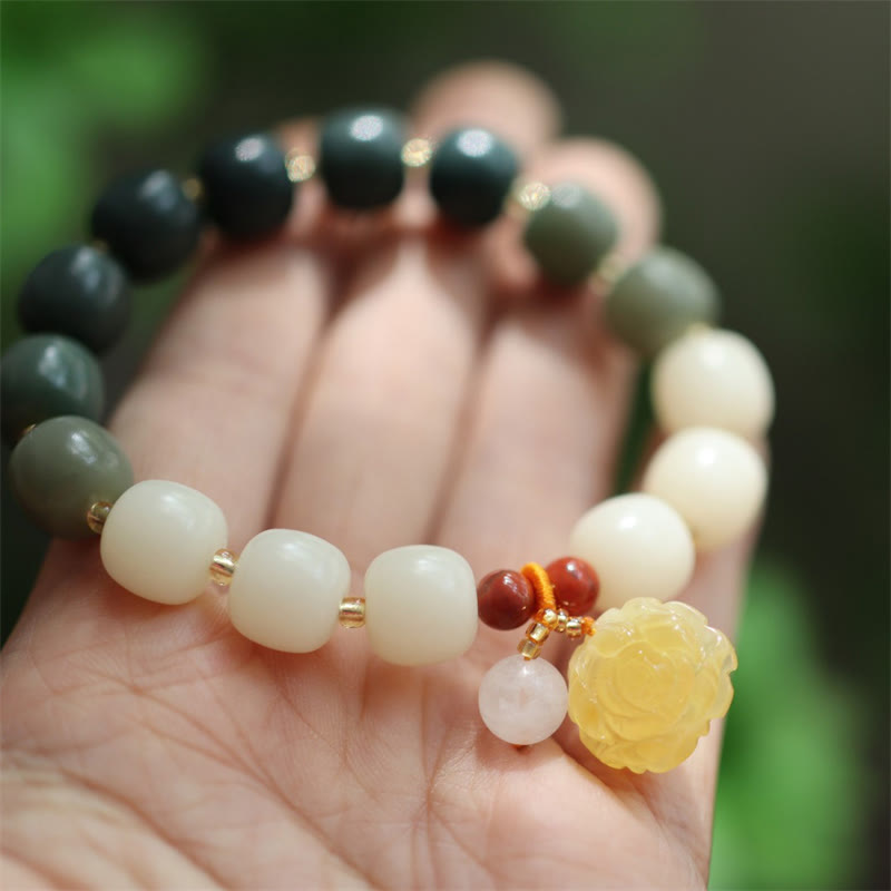 Bracelet Lotus unisexe avec perles de Bodhi, d'ambre et d'agate rouge