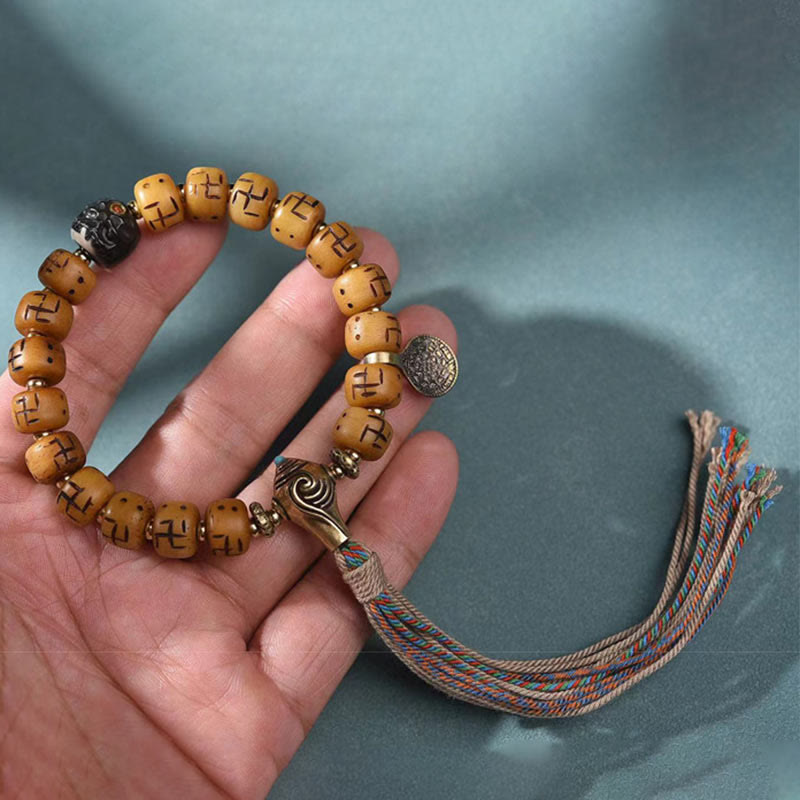 Bracelet Bouddha Dzi Swastika en os de chameau pour la chance et la protection