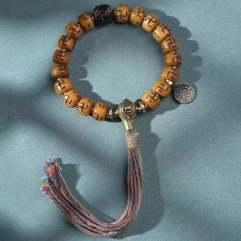 Bracelet Bouddha Dzi Swastika en os de chameau pour la chance et la protection