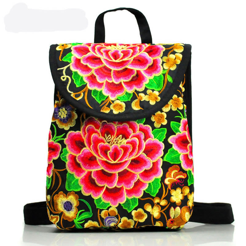 Sac à dos en toile avec broderie pivoine et arbre à monnaie chinois - Symbole de prospérité