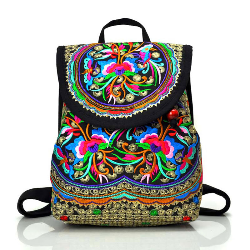 Sac à dos en toile avec broderie pivoine et arbre à monnaie chinois - Symbole de prospérité