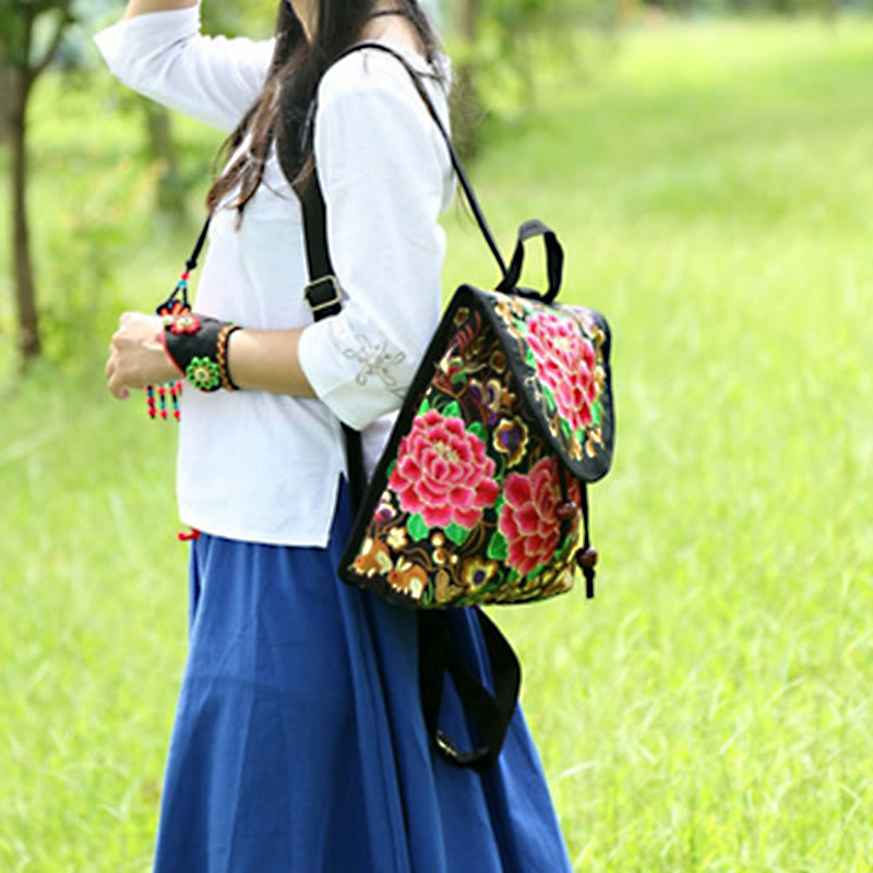 Sac à dos en toile avec broderie pivoine et arbre à monnaie chinois - Symbole de prospérité