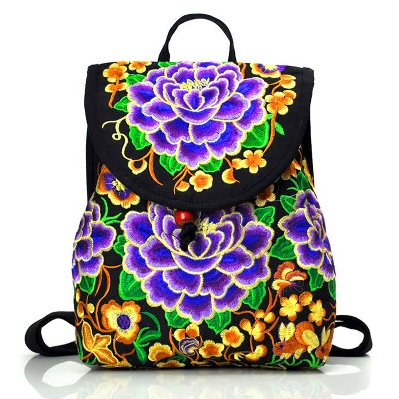 Sac à dos en toile avec broderie pivoine et arbre à monnaie chinois - Symbole de prospérité