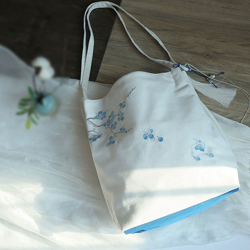 Sac fourre-tout en toile avec broderie de grue fleurie et de fleur de prunier