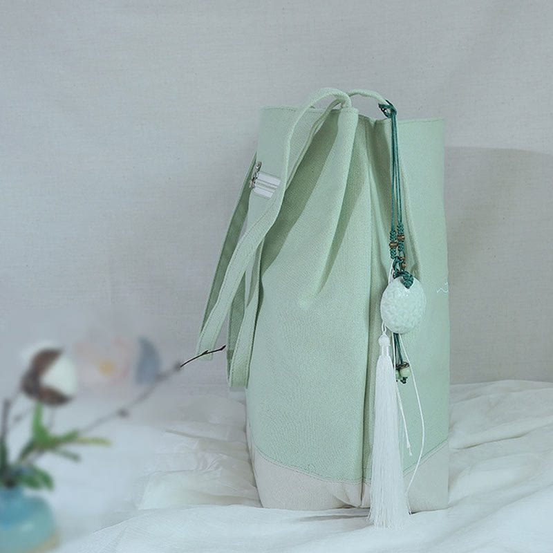 Sac fourre-tout en toile avec broderie de grue fleurie et de fleur de prunier
