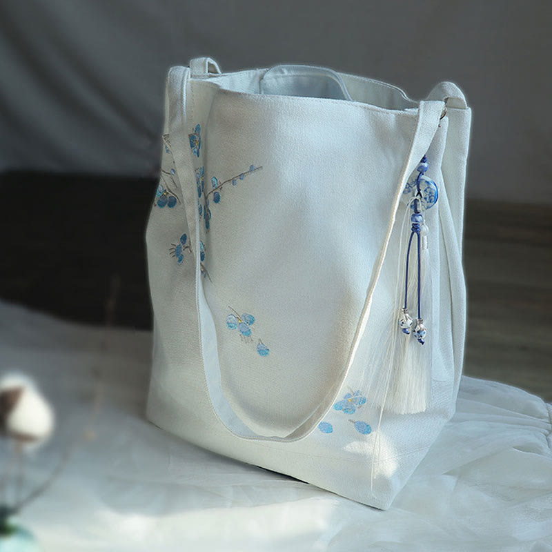 Sac fourre-tout en toile avec broderie de grue fleurie et de fleur de prunier