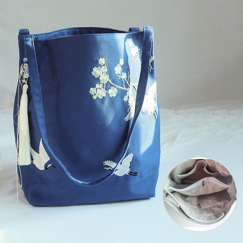 Sac fourre-tout en toile avec broderie de grue fleurie et de fleur de prunier