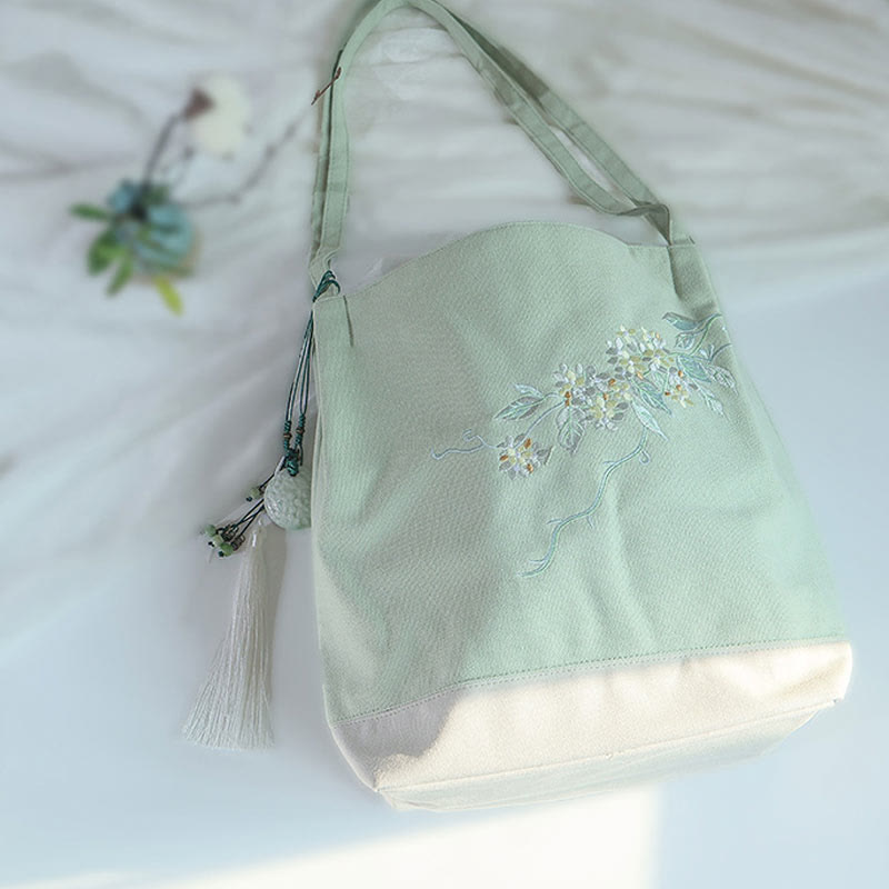 Sac fourre-tout en toile avec broderie de grue fleurie et de fleur de prunier