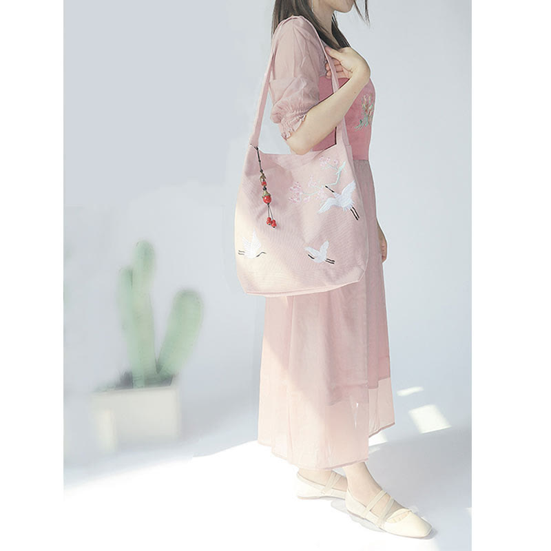 Sac fourre-tout en toile avec broderie de grue fleurie et de fleur de prunier