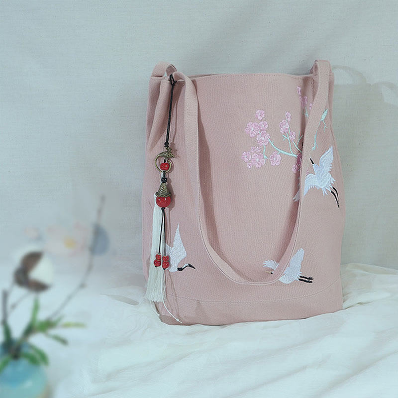 Sac fourre-tout en toile avec broderie de grue fleurie et de fleur de prunier