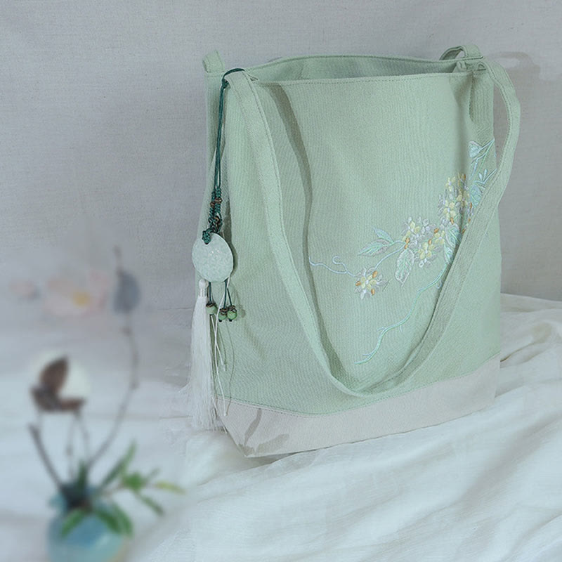Sac fourre-tout en toile avec broderie de grue fleurie et de fleur de prunier