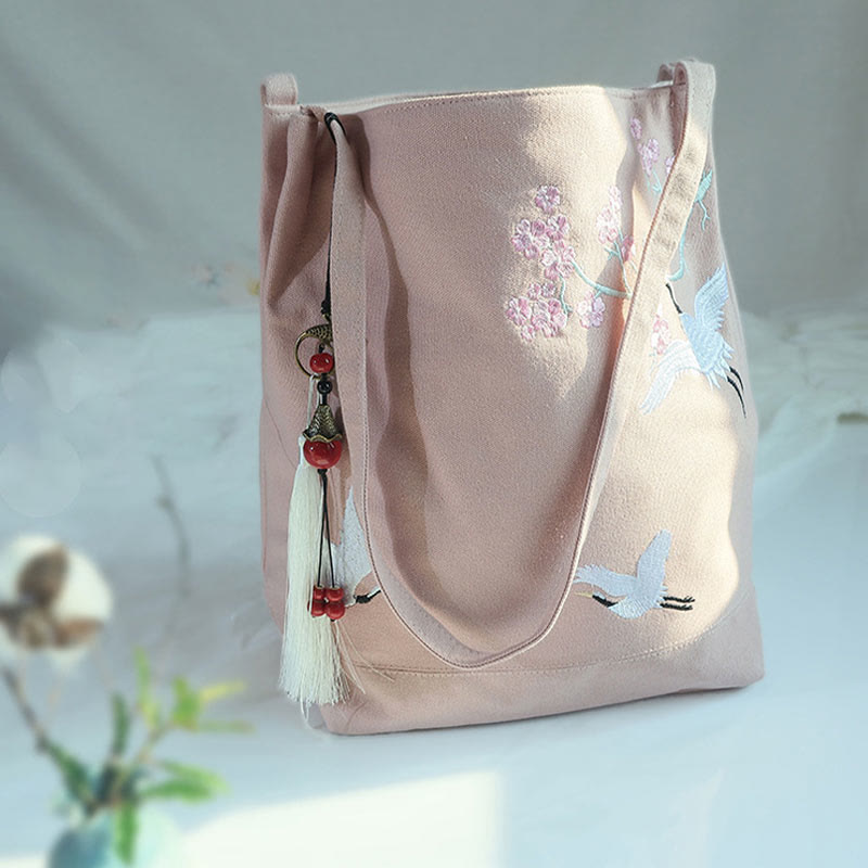Sac fourre-tout en toile avec broderie de grue fleurie et de fleur de prunier