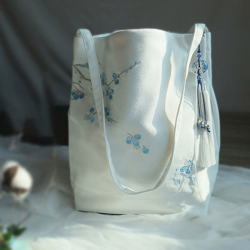 Sac fourre-tout en toile avec broderie de grue fleurie et de fleur de prunier
