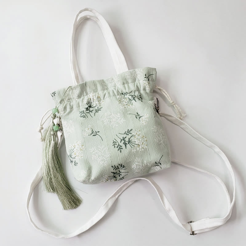 Sac fourre-tout en toile à fleurs blanches et feuilles vertes 23 x 29 cm