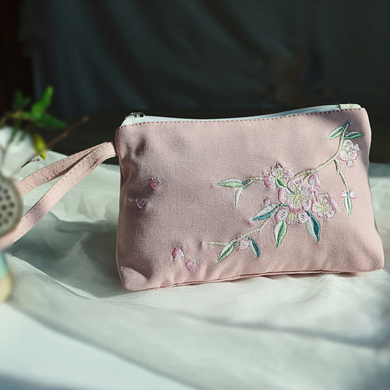 Portefeuille en toile avec broderie grue prune cerise | Compact 21 x 13 cm