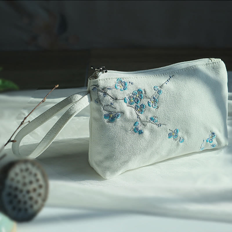 Portefeuille en toile avec broderie grue prune cerise | Compact 21 x 13 cm