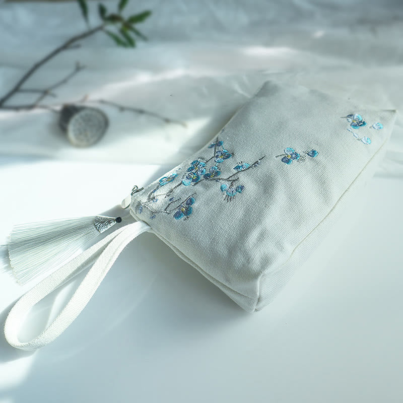 Portefeuille en toile avec broderie grue prune cerise | Compact 21 x 13 cm