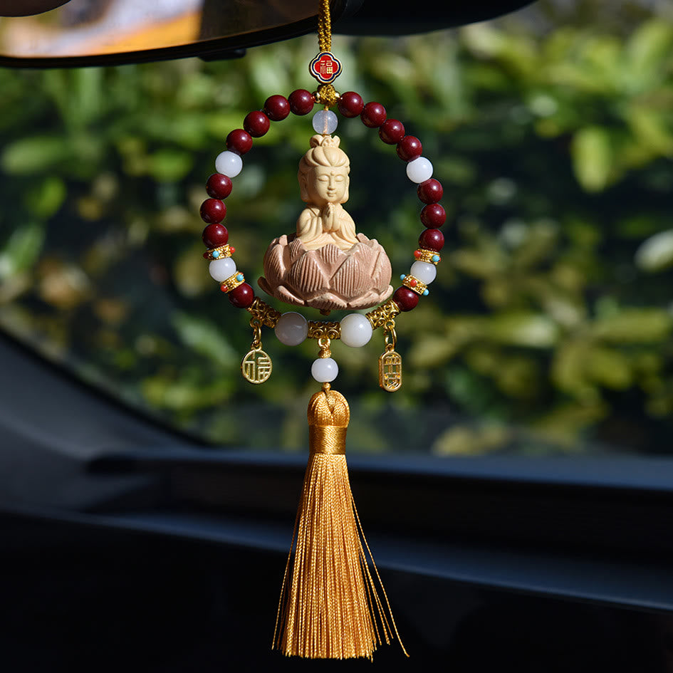 Breloque pour voiture | Graine de Bodhi, Lotus, Symbole Bouddha Fu, 40 cm