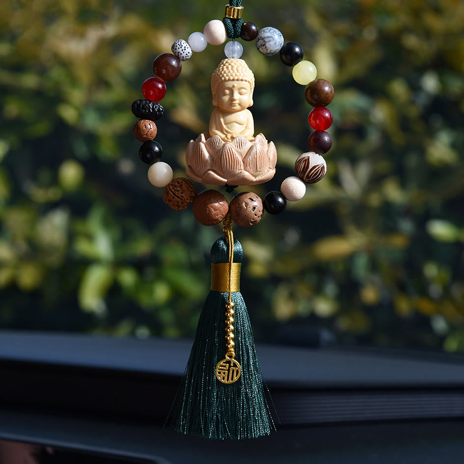 Breloque pour voiture | Graine de Bodhi, Lotus, Symbole Bouddha Fu, 40 cm