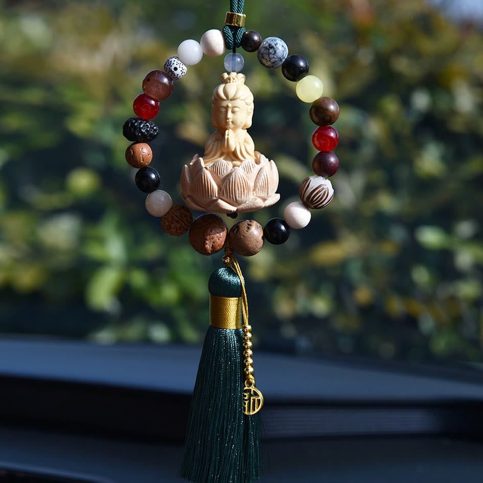 Breloque pour voiture | Graine de Bodhi, Lotus, Symbole Bouddha Fu, 40 cm