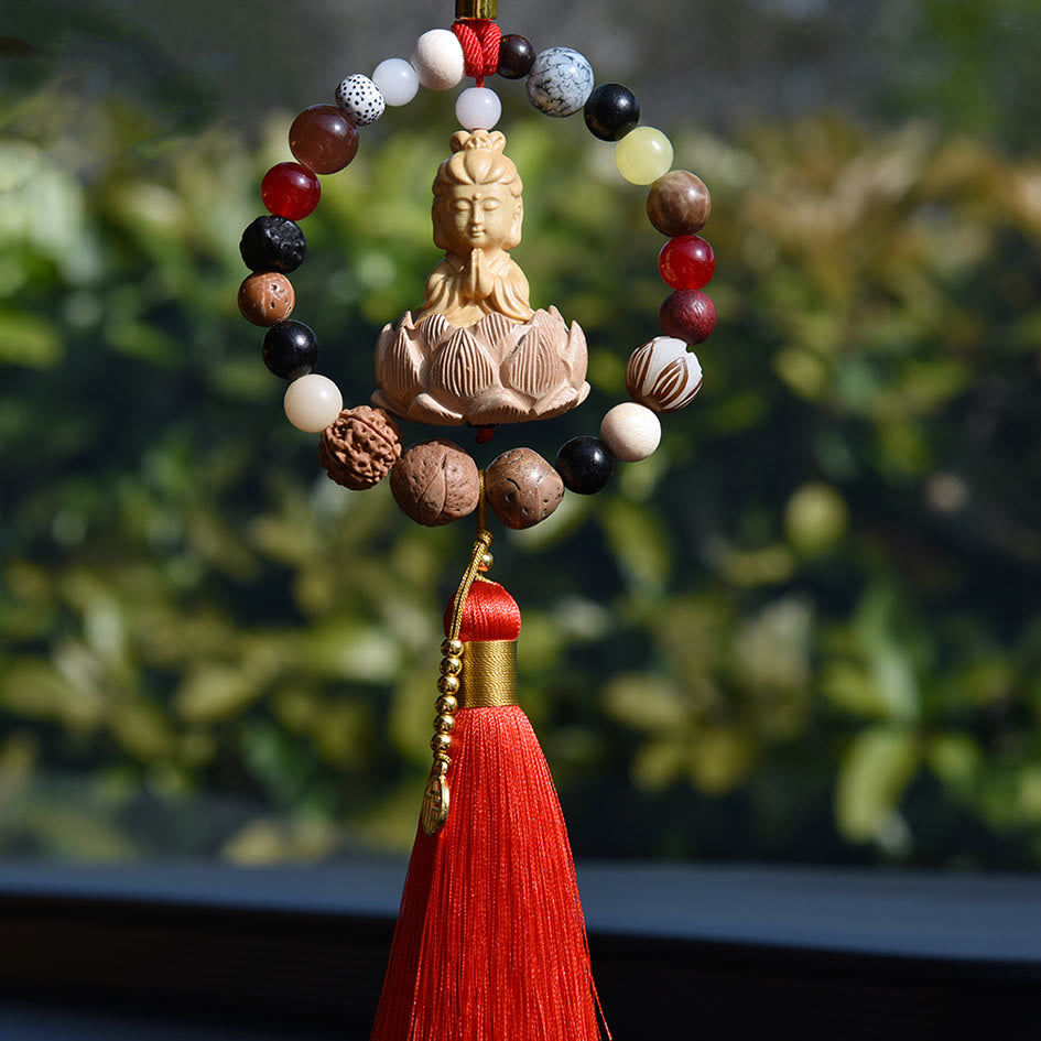 Breloque pour voiture | Graine de Bodhi, Lotus, Symbole Bouddha Fu, 40 cm